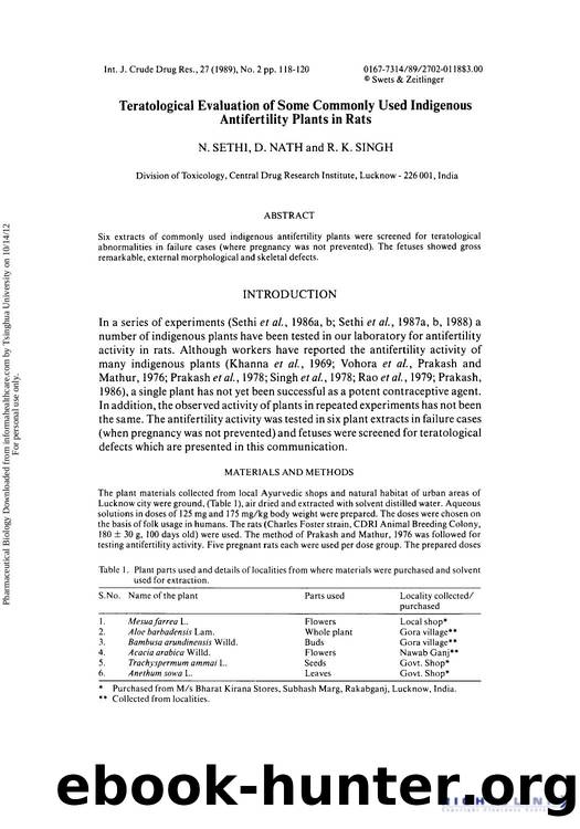 Teratological Evaluation of Some Commonly Used Indigenous Antifertility Plants in Rats by N. Sethi & R. K. Singh