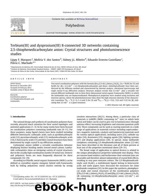 Terbium(III) and dysprosium(III) 8-connected 3D networks containing 2,5-thiophenedicarboxylate anion: Crystal structures and photoluminescence studies by unknow