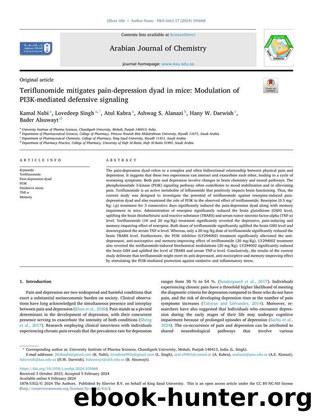 Teriflunomide mitigates pain-depression dyad in mice: Modulation of PI3K-mediated defensive signaling by Kamal Nabi & Lovedeep Singh & Atul Kabra & Ashwag S. Alanazi & Hany W. Darwish & Bader Alsuwayt