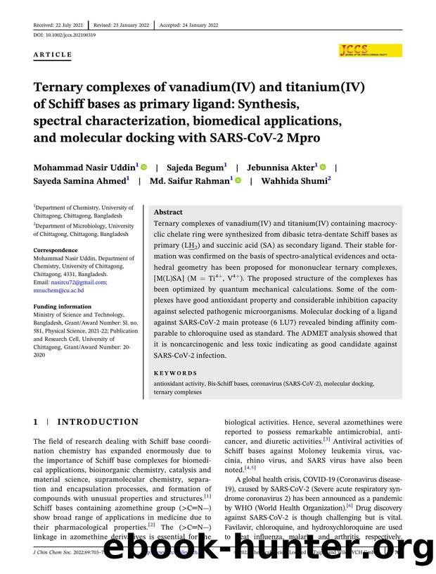 Ternary complexes of vanadium(IV) and titanium(IV) of Schiff bases as primary ligand: Synthesis, spectral characterization, biomedical applications and molecular docking with SARS-CoV-2 Mpro by Unknown