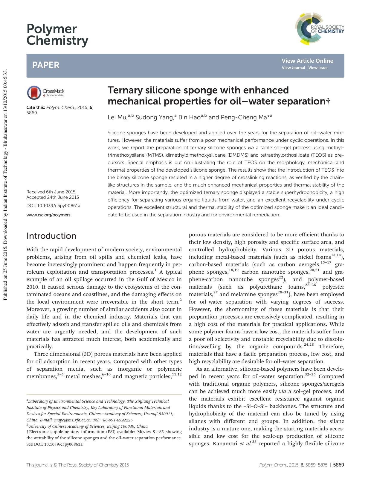 Ternary silicone sponge with enhanced mechanical properties for oilâwater separation by Lei Mu Sudong Yang Bin Hao Peng-Cheng Ma