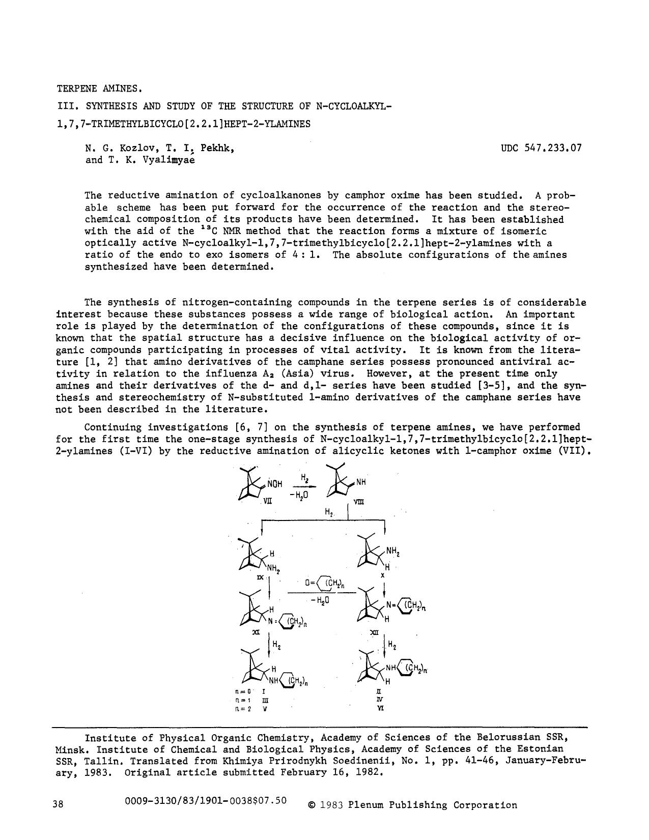 Terpene amines. III. Synthesis and study of the structure of N-cycloalkyl-1,7,7-trimethylbicyclo[2.2.1]hept-2-ylamines by Unknown