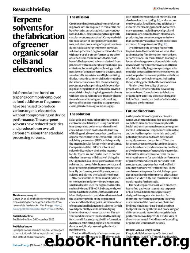 Terpene solvents for the fabrication of greener organic solar cells and electronics by Unknown