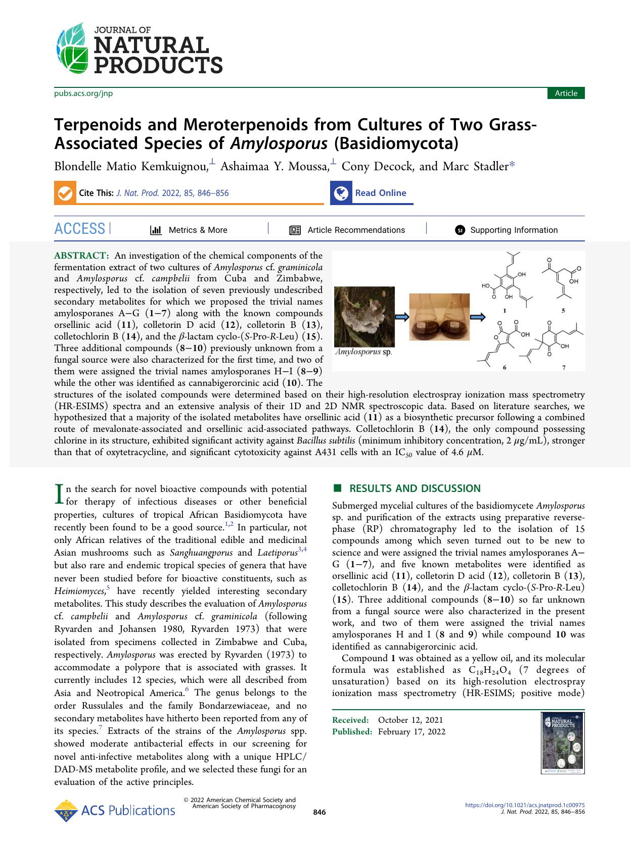Terpenoids and Meroterpenoids from Cultures of Two Grass-Associated Species of Amylosporus (Basidiomycota) by Blondelle Matio Kemkuignou Ashaimaa Y. Moussa Cony Decock and Marc Stadler