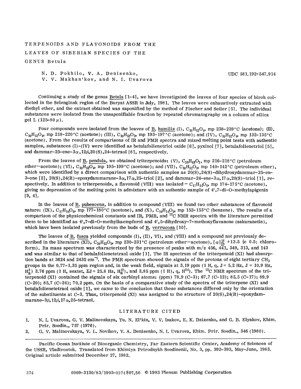 Terpenoids and flavonoids from the leaves of Siberian species of the genus Betula by Unknown