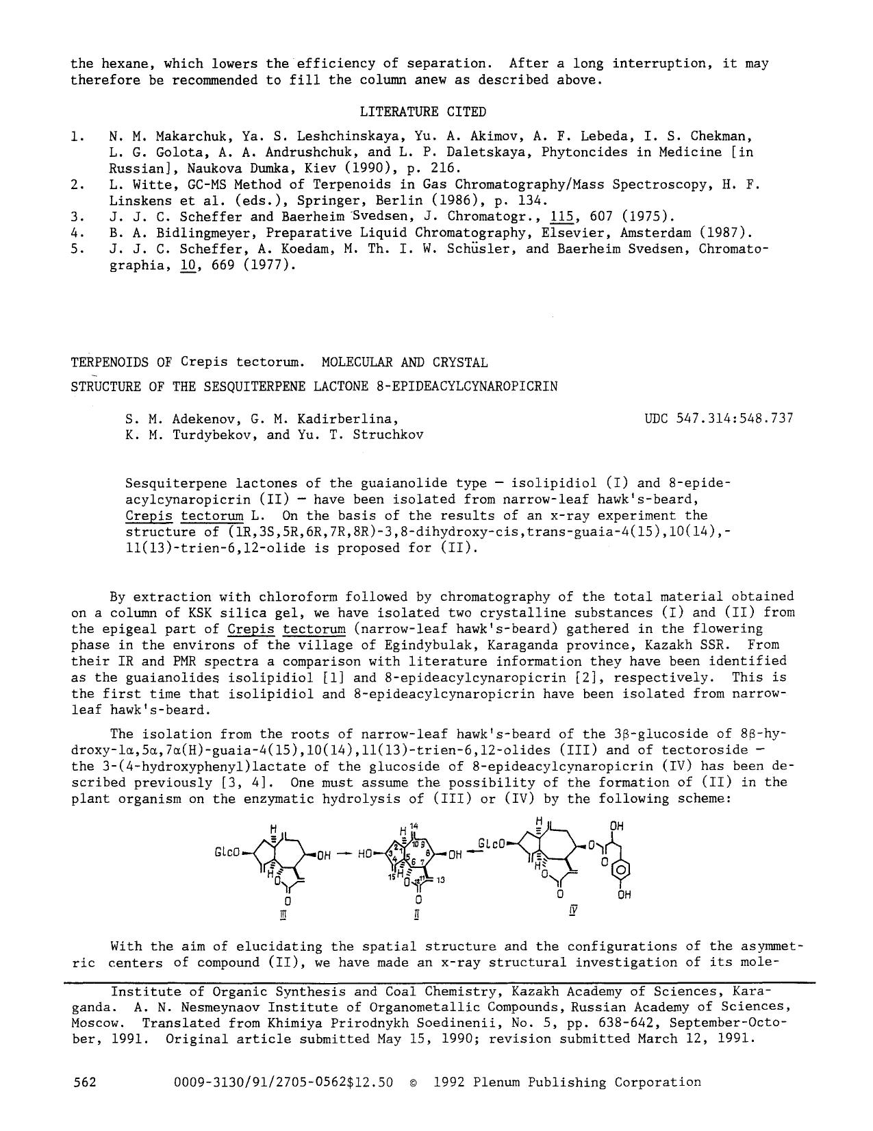 Terpenoids of Crepis tectorum. Molecular and crystal structure of the sesquiterpene lactone 8-epideacylcynaropicrin by Unknown