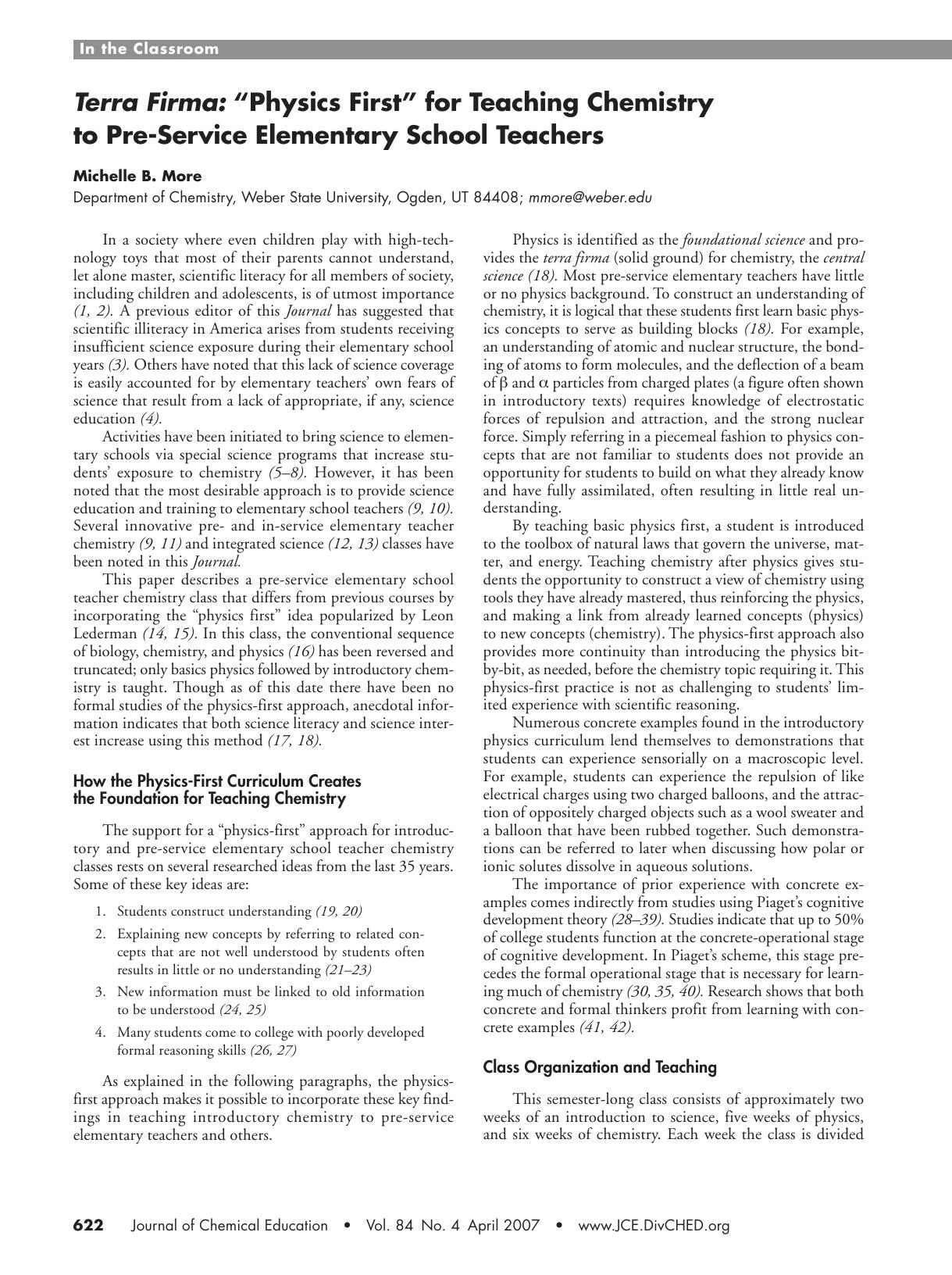 Terra Firma: "Physics First" for Teaching Chemistry to Pre-Service Elementary School Teachers by Michelle B. More