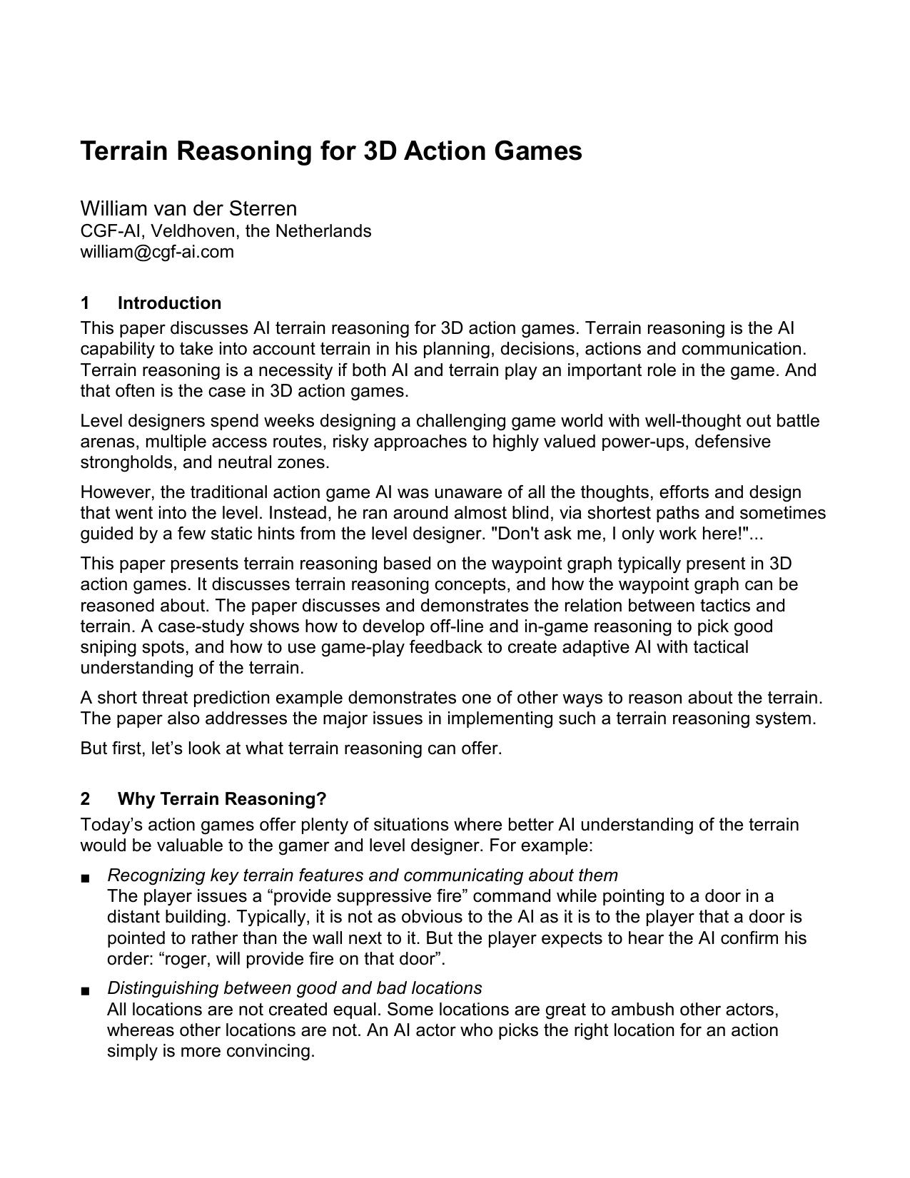 Terrain Reasoning for 3D Action Games by William van der Sterren (william@cgf-ai.com)