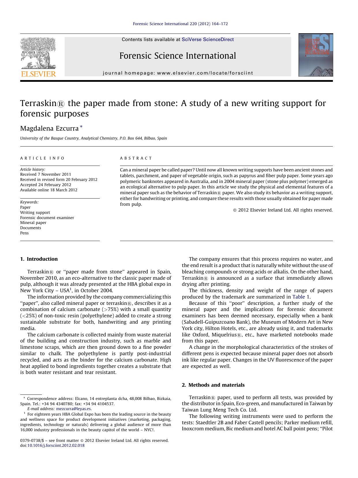 TerraskinÂ® the paper made from stone: A study of a new writing support for forensic purposes by Magdalena Ezcurra