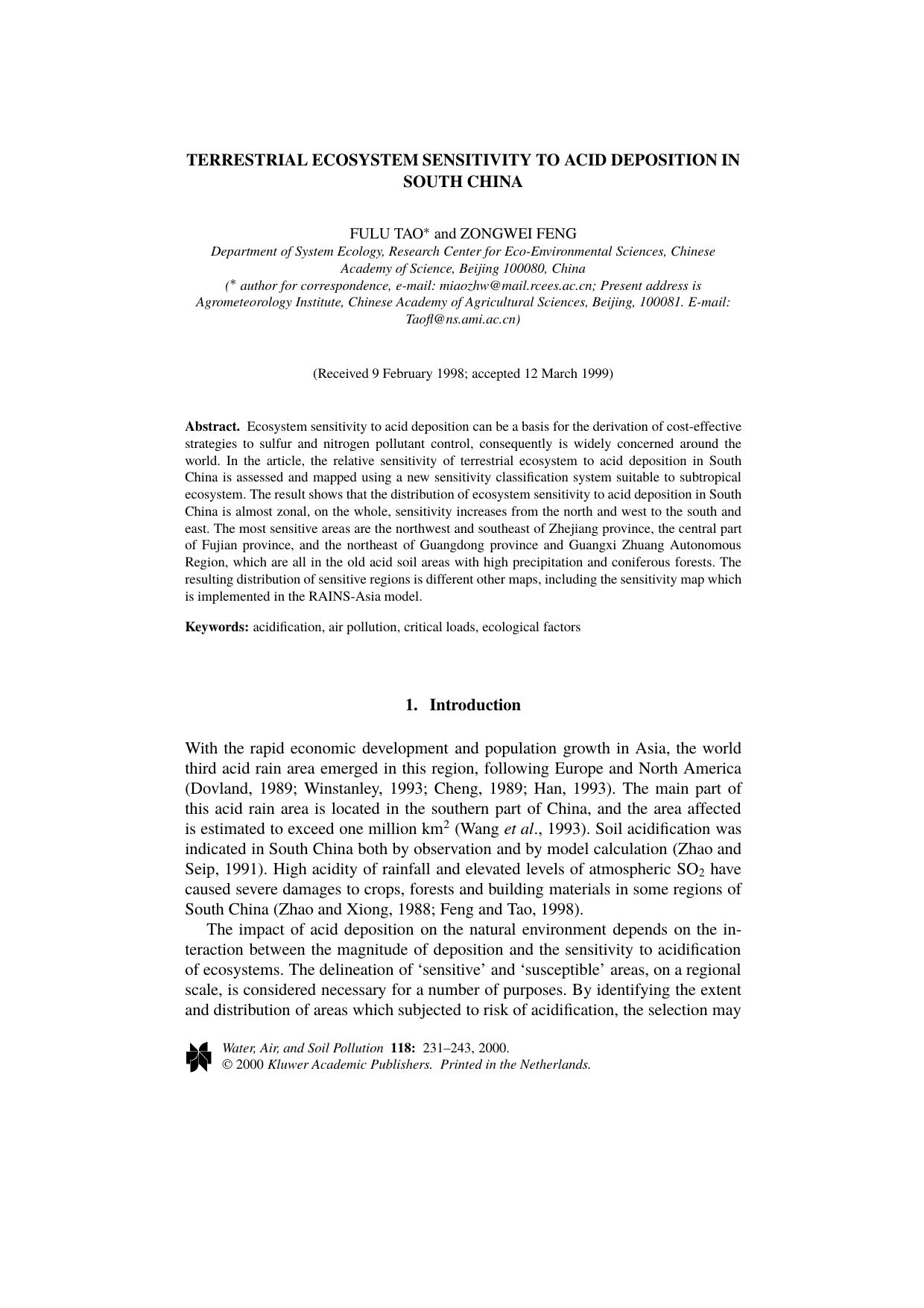 Terrestrial ecosystem sensitivity to acid deposition in South China by Unknown