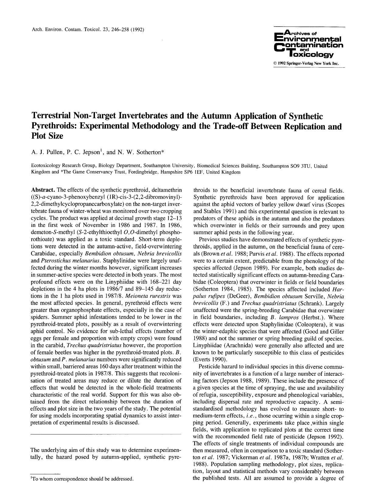 Terrestrial non-target invertebrates and the autumn application of synthetic pyrethroids: Experimental methodology and the trade-off between replication and plot size by Unknown