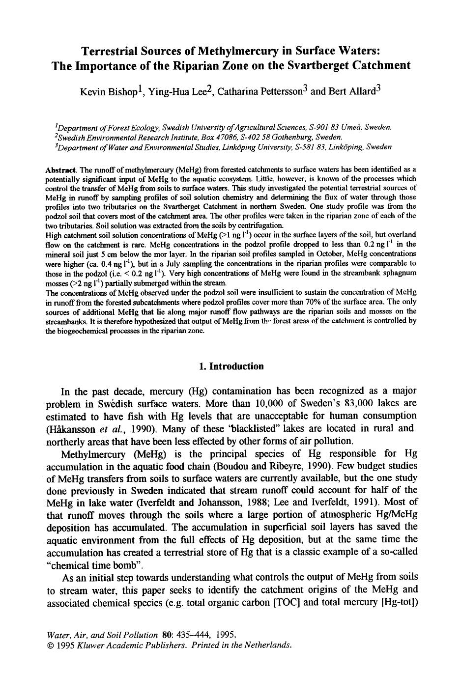 Terrestrial sources of methylmercury in surface waters: The importance of the riparian zone on the Svartberget Catchment by Unknown