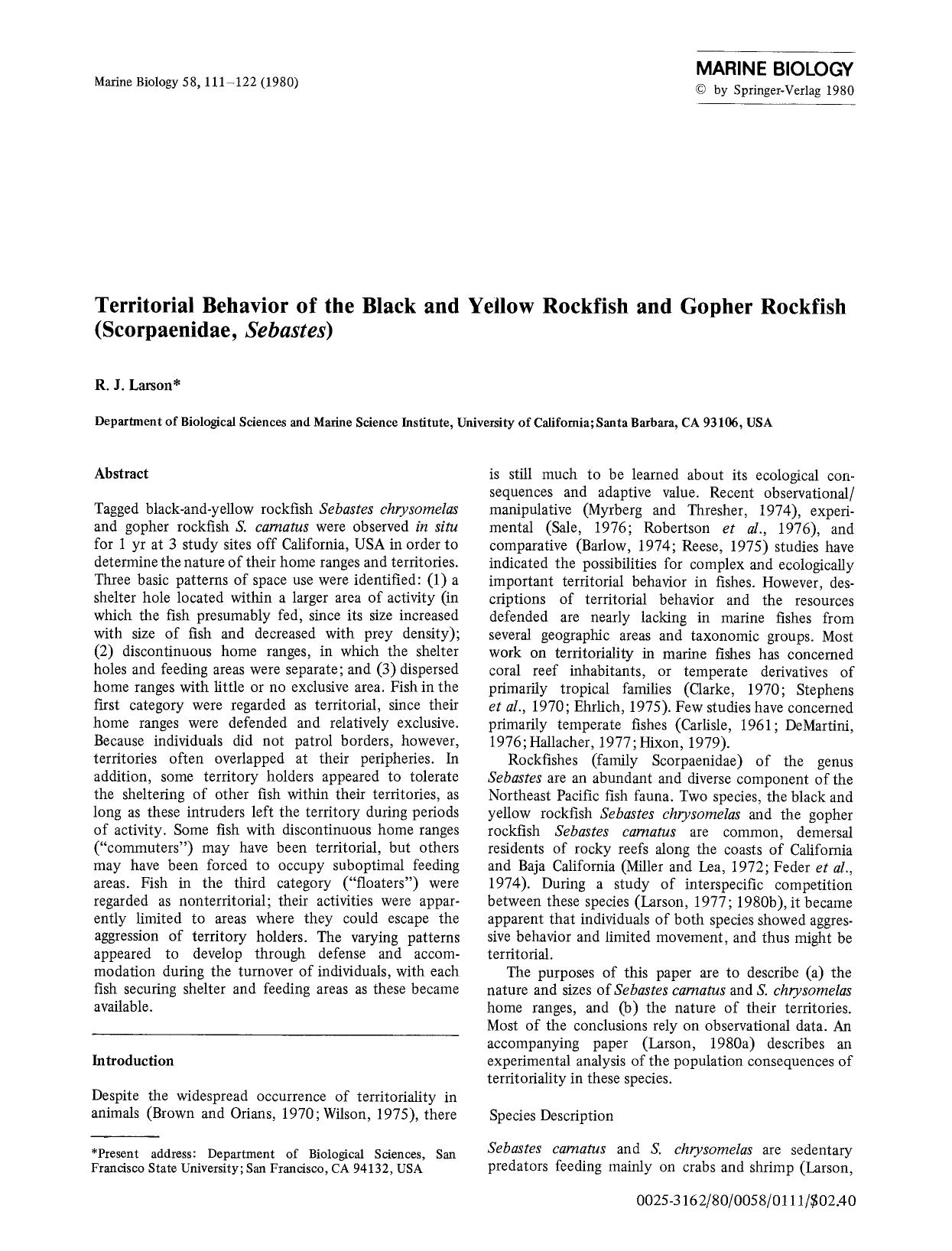 Territorial behavior of the black and yellow rockfish and gopher rockfish (Scorpaenidae, <Emphasis Type="Italic">Sebastes<Emphasis>) by Unknown