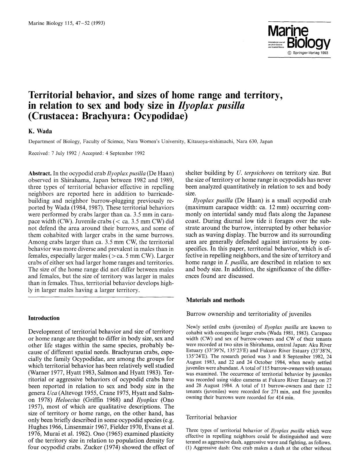 Territorial behavior, and sizes of home range and territory, in relation to sex and body size in <Emphasis Type="Italic">Ilyoplax pusilla<Emphasis> (Crustacea: Brachyura: Ocypodidae) by Unknown