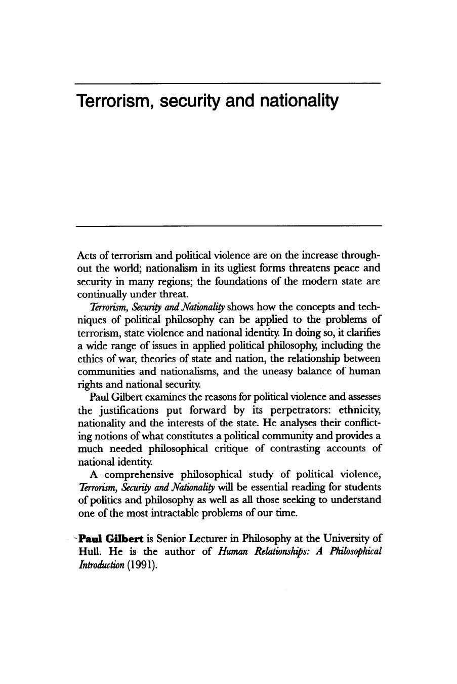 Terrorism, Security and Nationality: An Introductory Study in Applied Political Philosophy by Paul Gilbert