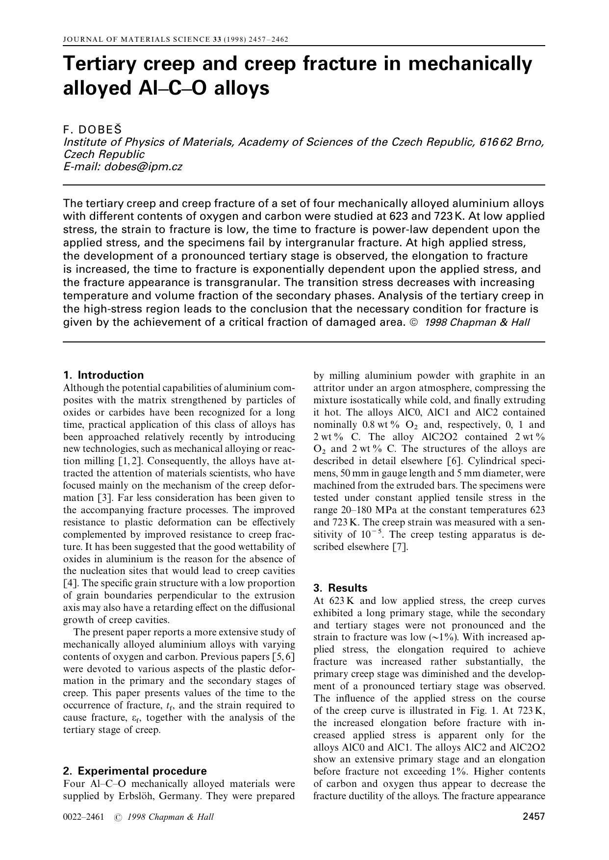 Tertiary creep and creep fracture in mechanically alloyed Al-C-O alloys by F. DOBES[