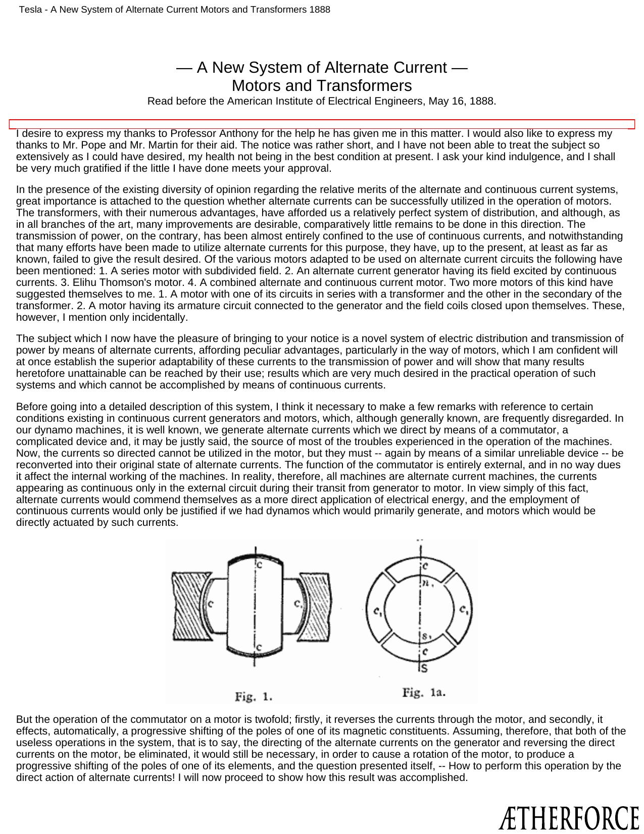 Tesla - A New System of Alternate Current Motors and Transformers 1888 by Collection of Articles by Nikola Tesla