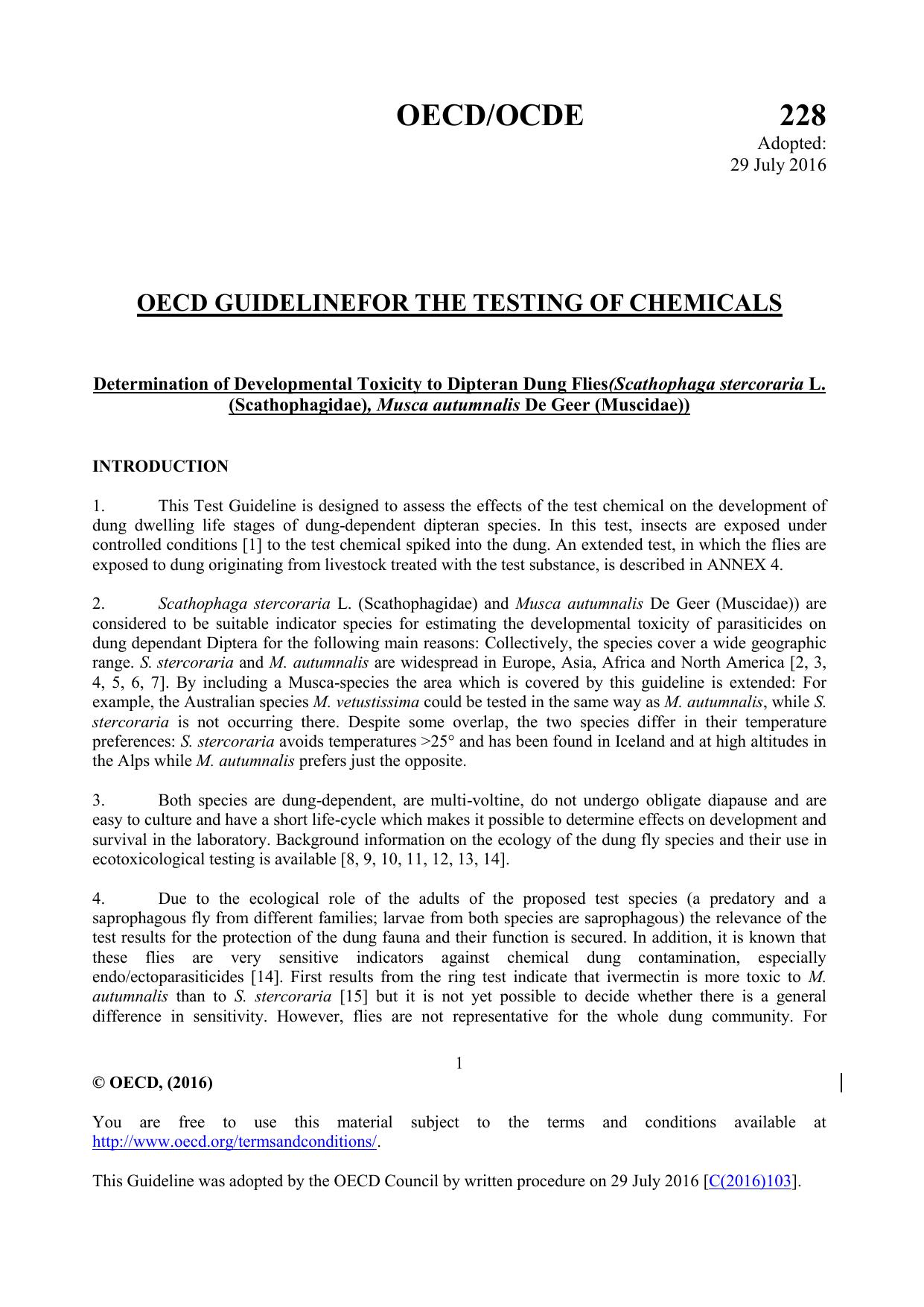 Test No. 228: Determination of Developmental Toxicity to Dipteran Dung Flies(Scathophaga stercoraria L. (Scathophagidae), Musca autumnalis De Geer (Muscidae) /Â±cOrganisation for E by OECD