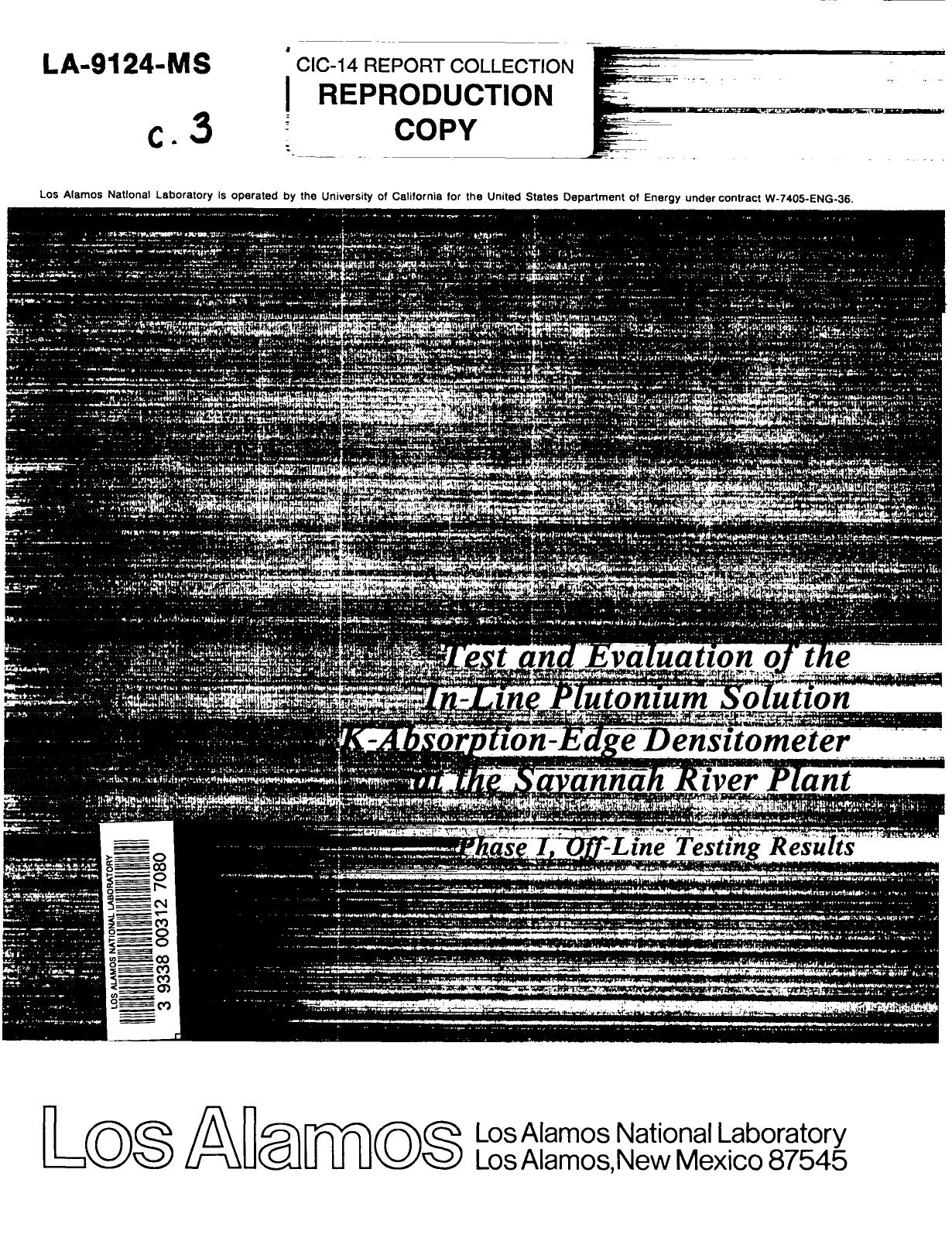 Test and evaluation of the in-line plutonium solution K-absorption-edge densitometer at the Savannah River Plant None by LANL Research Library LWW Project