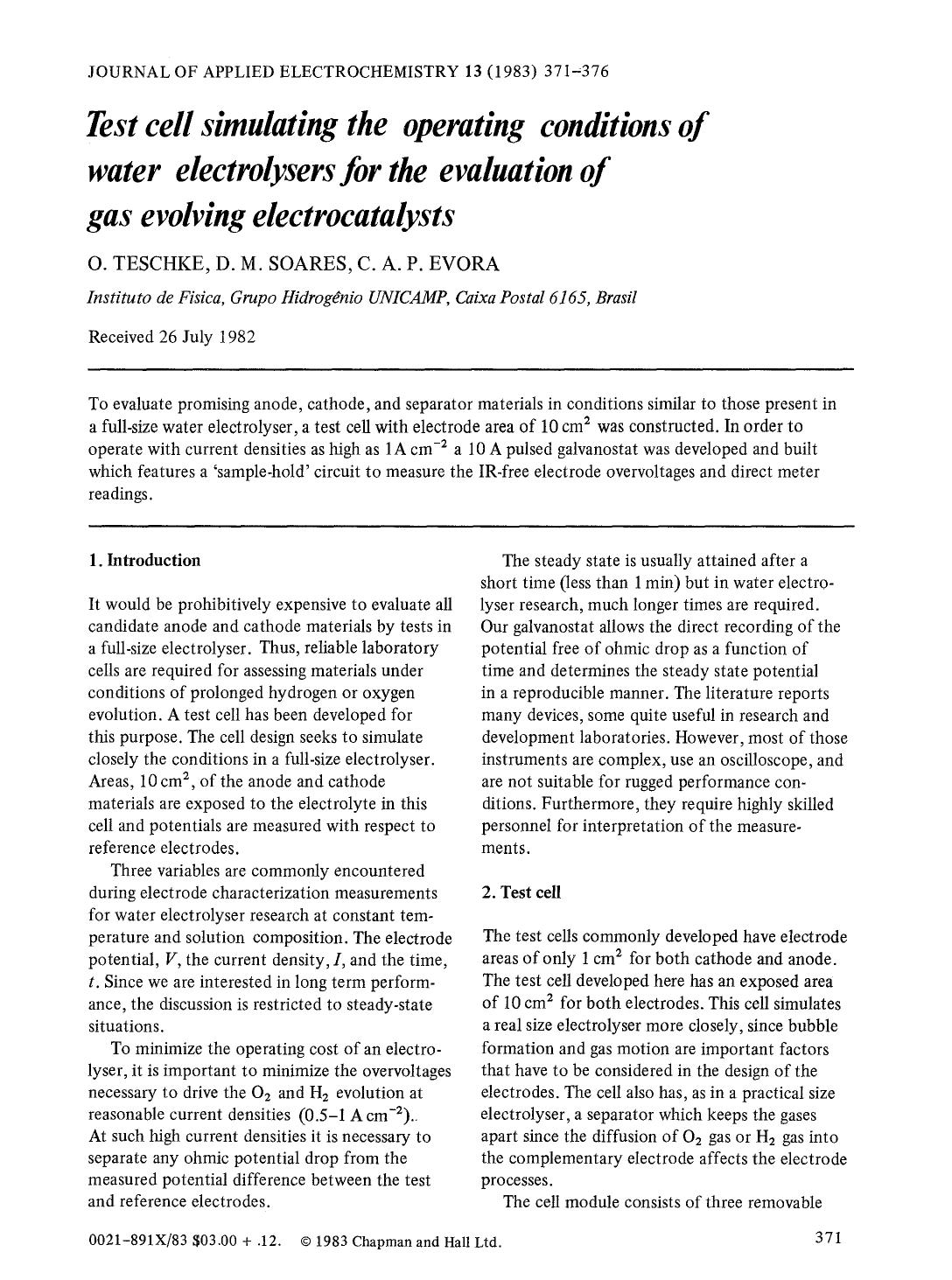 Test cell simulating the operating conditions of water electrolysers for the evaluation of gas evolving electrocatalysts by Unknown