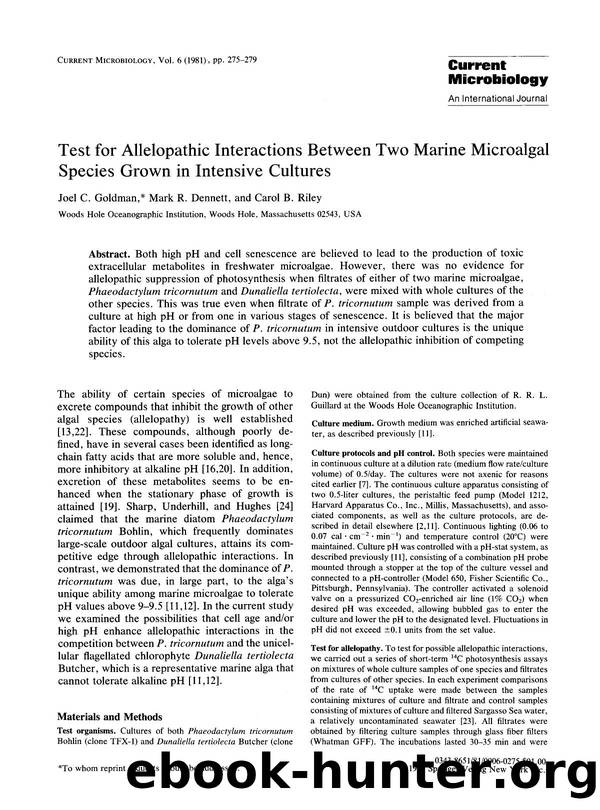 Test for allelopathic interactions between two marine microalgal species grown in intensive cultures by Unknown