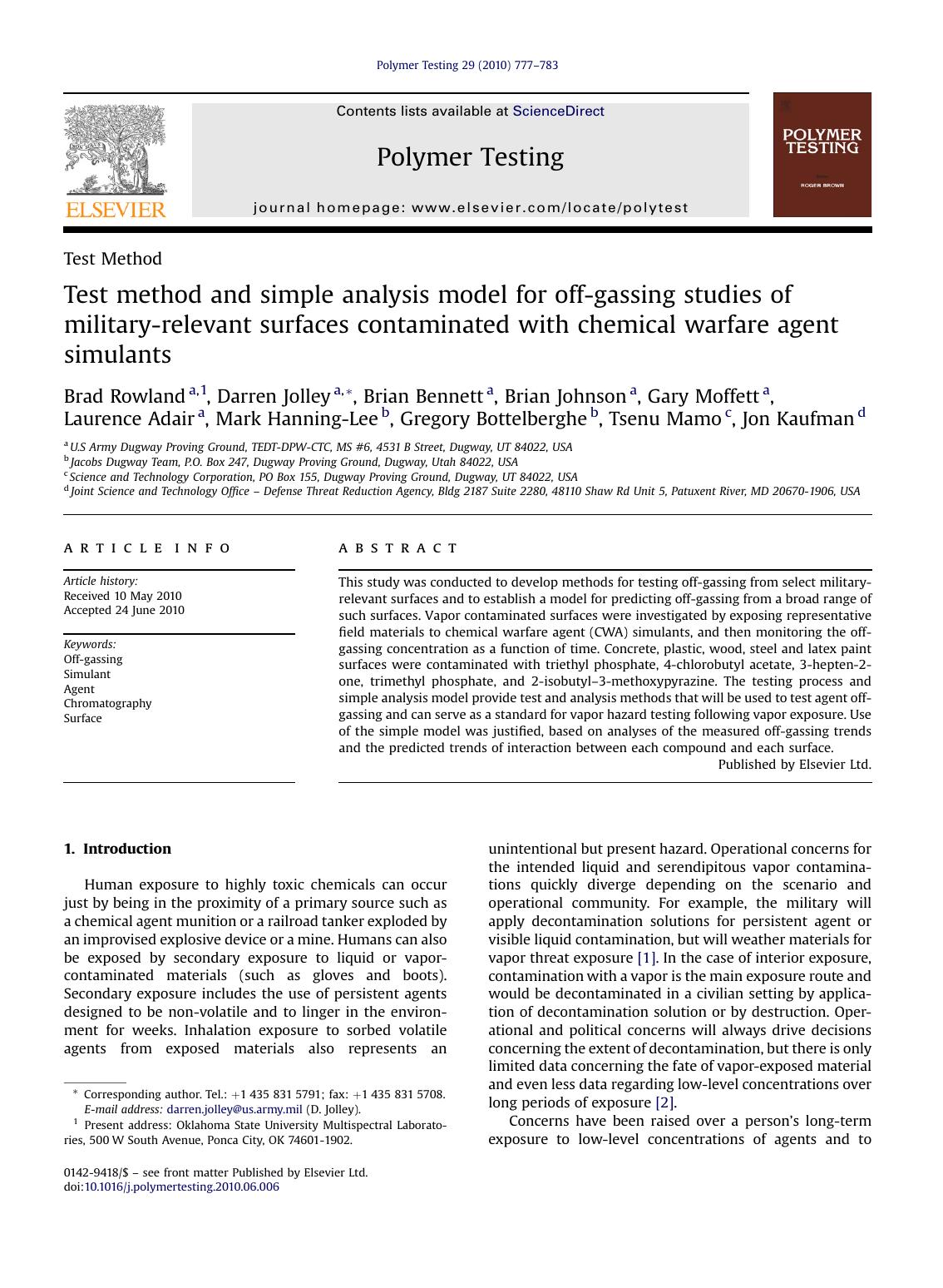 Test method and simple analysis model for off-gassing studies of military-relevant surfaces contaminated with chemical warfare agent simulants by unknow