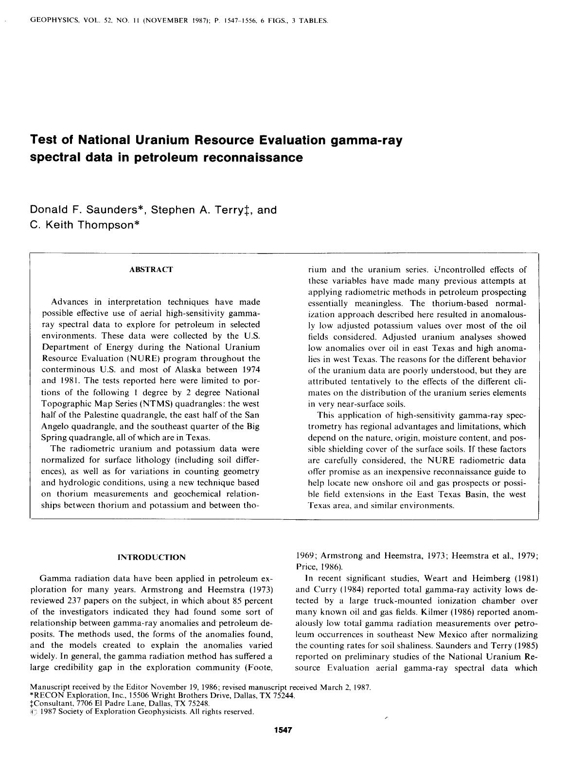Test of National Uranium Resource Evaluation gamma-ray spectral data in petroleum reconnaissance by Saunders D. F.; Terry S. A.; Thompson C. K