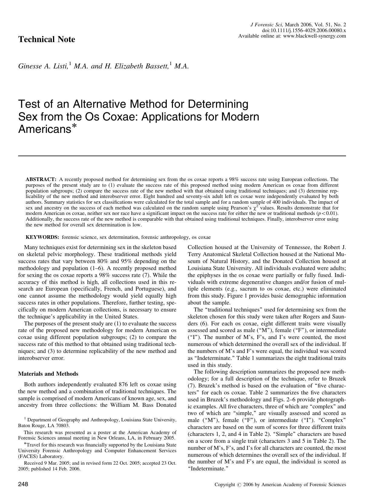 Test of an Alternative Method for Determining Sex from the Os Coxae: Applications for Modern Americans* by Unknown
