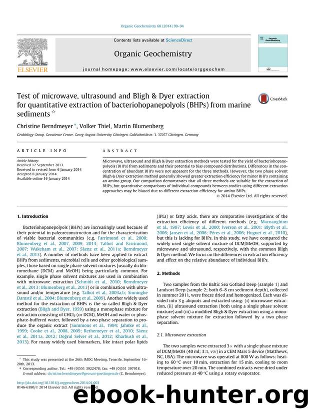 Test of microwave, ultrasound and Bligh & Dyer extraction for quantitative extraction of bacteriohopanepolyols (BHPs) from marine sediments by Christine Berndmeyer & Volker Thiel & Martin Blumenberg