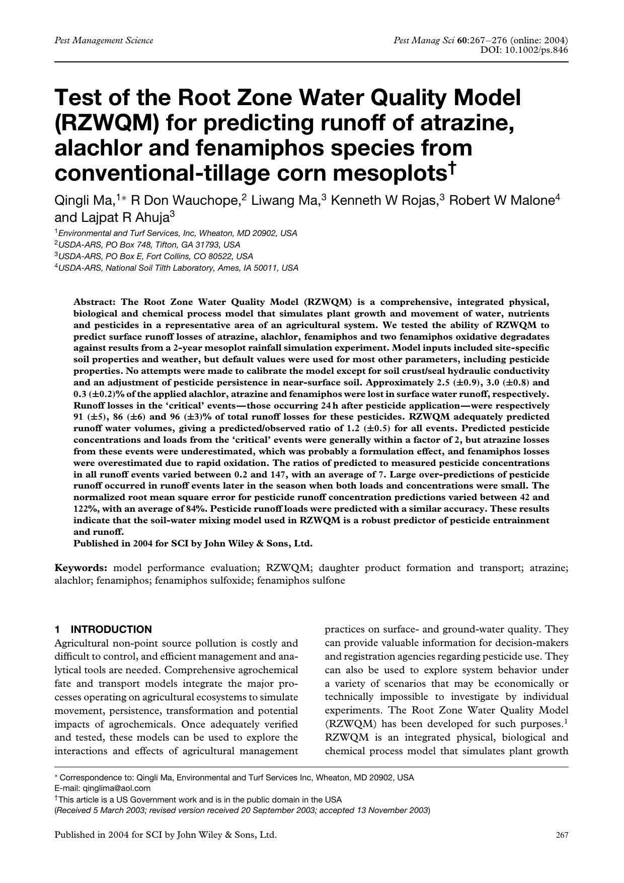 Test of the Root Zone Water Quality Model (RZWQM) for predicting runoff of atrazine, alachlor and fenamiphos species from conventional-tillage corn mesoplots by Unknown