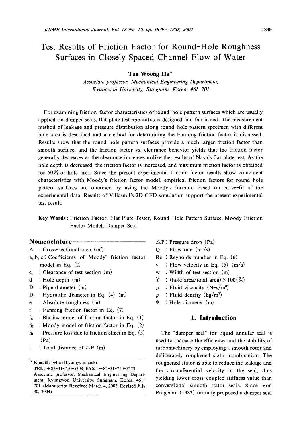 Test results of friction factor for round-hole roughness surfaces in closely spaced channel flow of water by Unknown