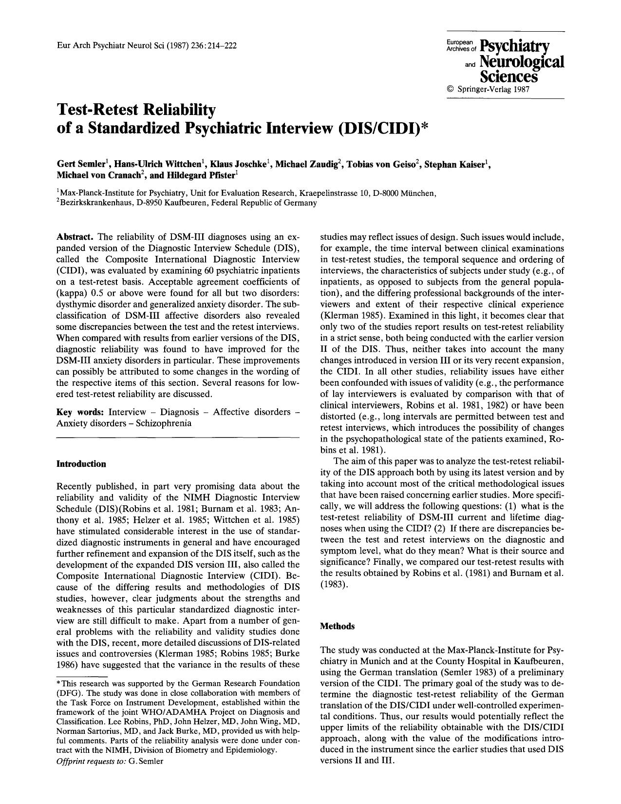 Test-Retest Reliability of a standardized psychiatric interview (DISCIDI) by Unknown