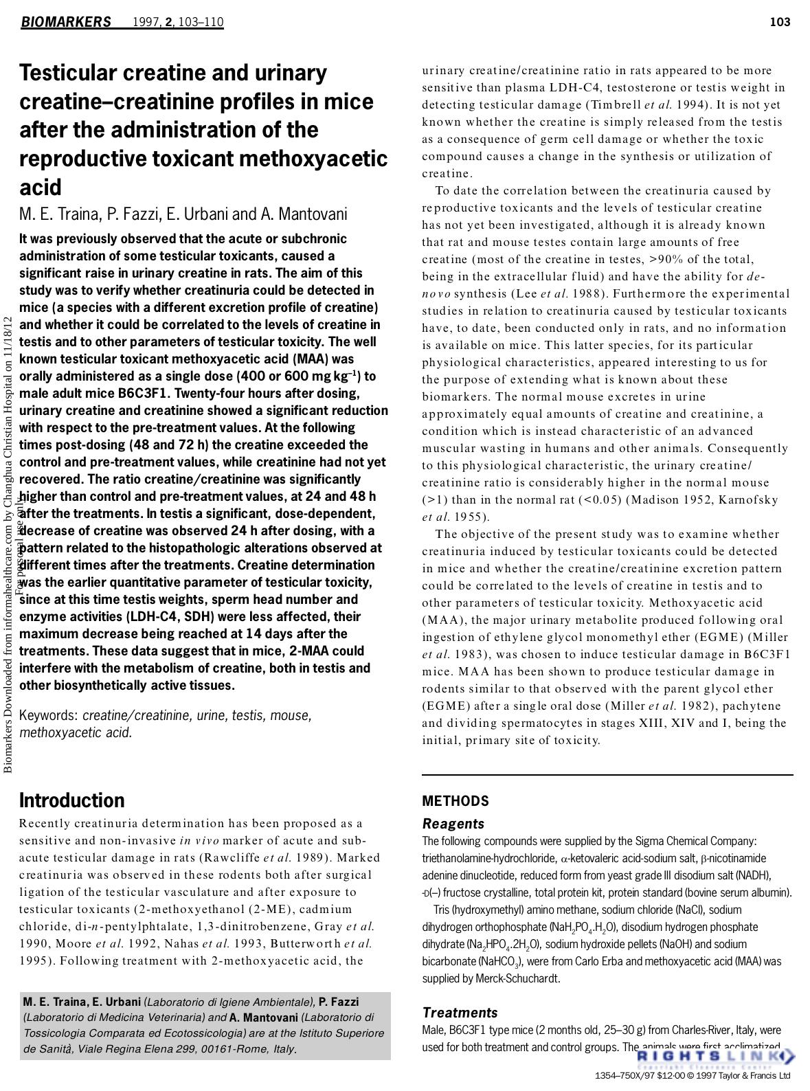 Testicular creatine and urinary creatine-creatinine profiles in mice after the administration of the reproductive toxicant methoxyacetic acid by M.E.Traina P.Fazzi E.Urbaniand & A.Mantovani