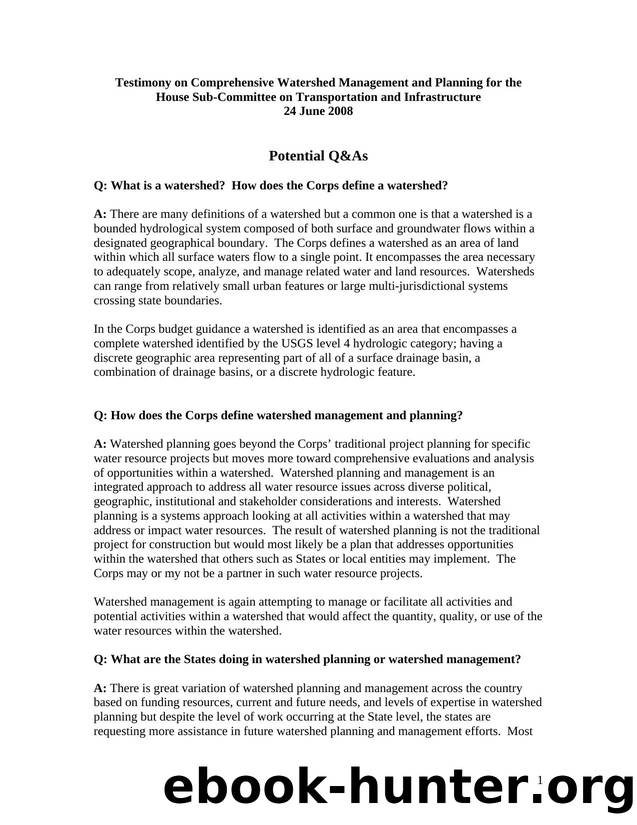Testimony on Comprehensive Watershed Management and Planning for the House Sub-Committee on Transportation and Infastructure by Unknown
