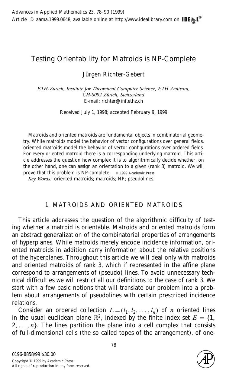 Testing Orientability for Matroids is NP-Complete by Richter-Gebert J