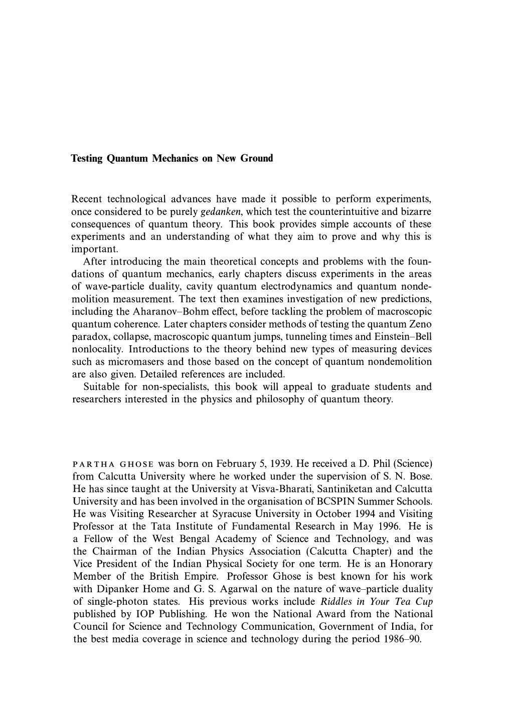 Testing Quantum Mechanics on New Ground by Partha Ghose