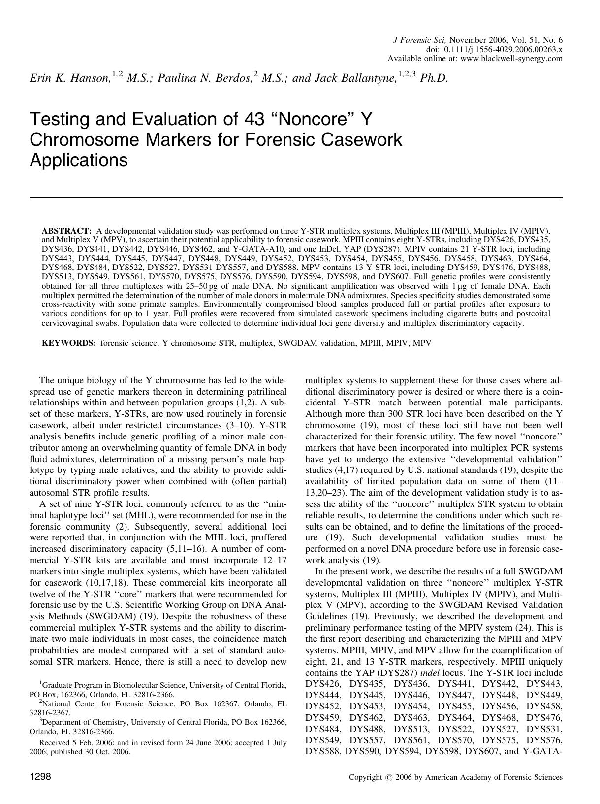 Testing and Evaluation of 43 âNoncoreâ Y Chromosome Markers for Forensic Casework Applications by Unknown