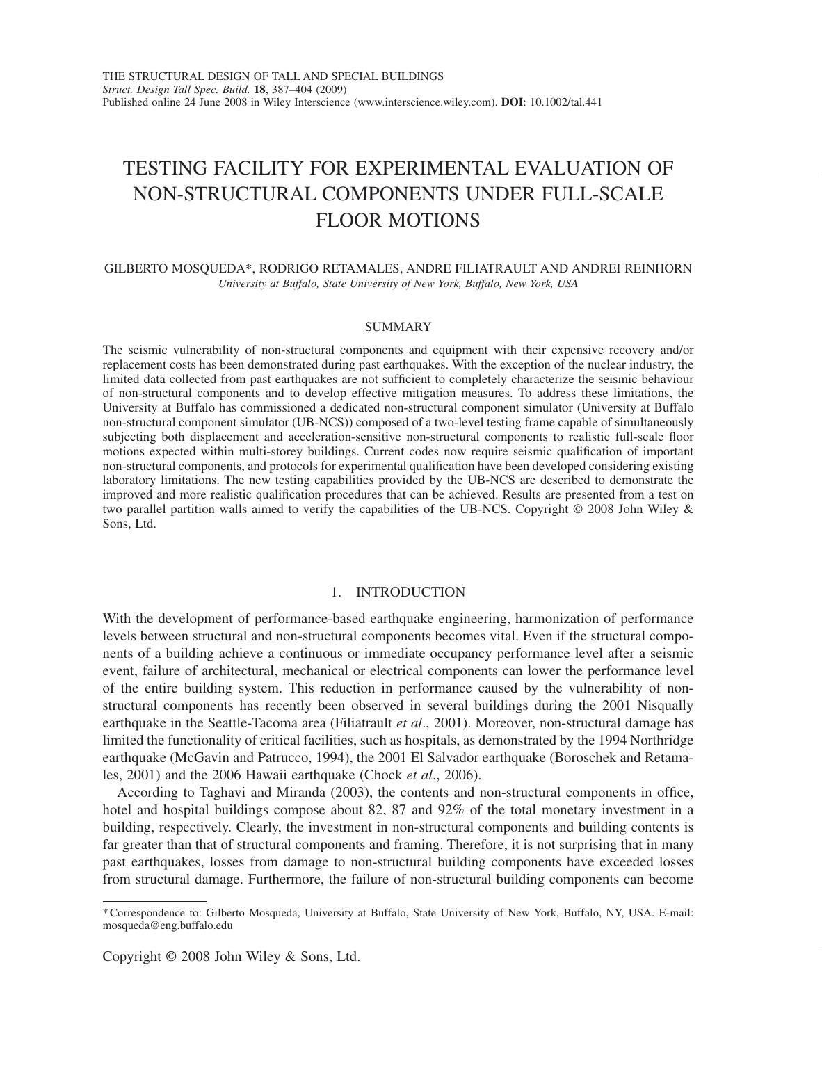 Testing facility for experimental evaluation of non-structural components under full-scale floor motions by owen
