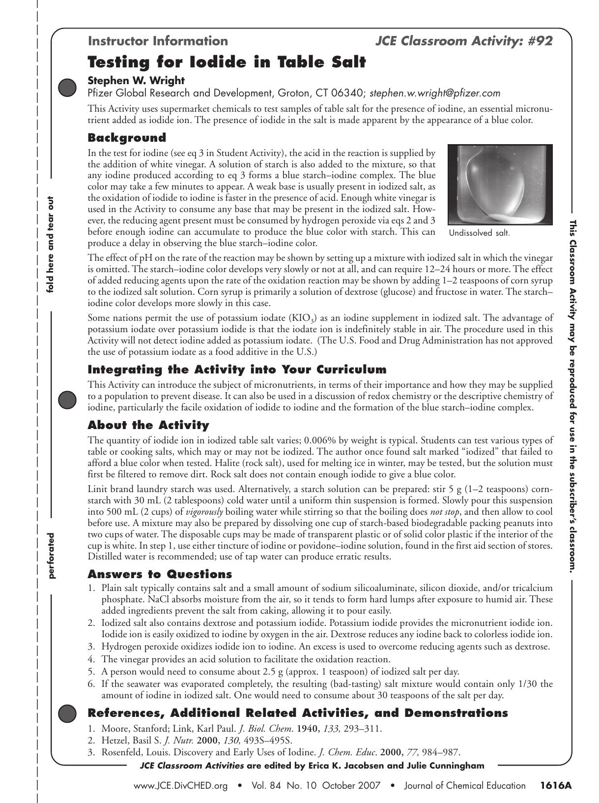 Testing for Iodide in Table Salt by Stephen W. Wright