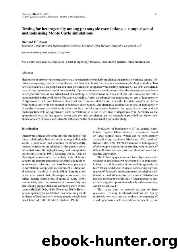 Testing for heterogeneity among phenotypic correlations: a comparison of methods using Monte Carlo simulations by Unknown