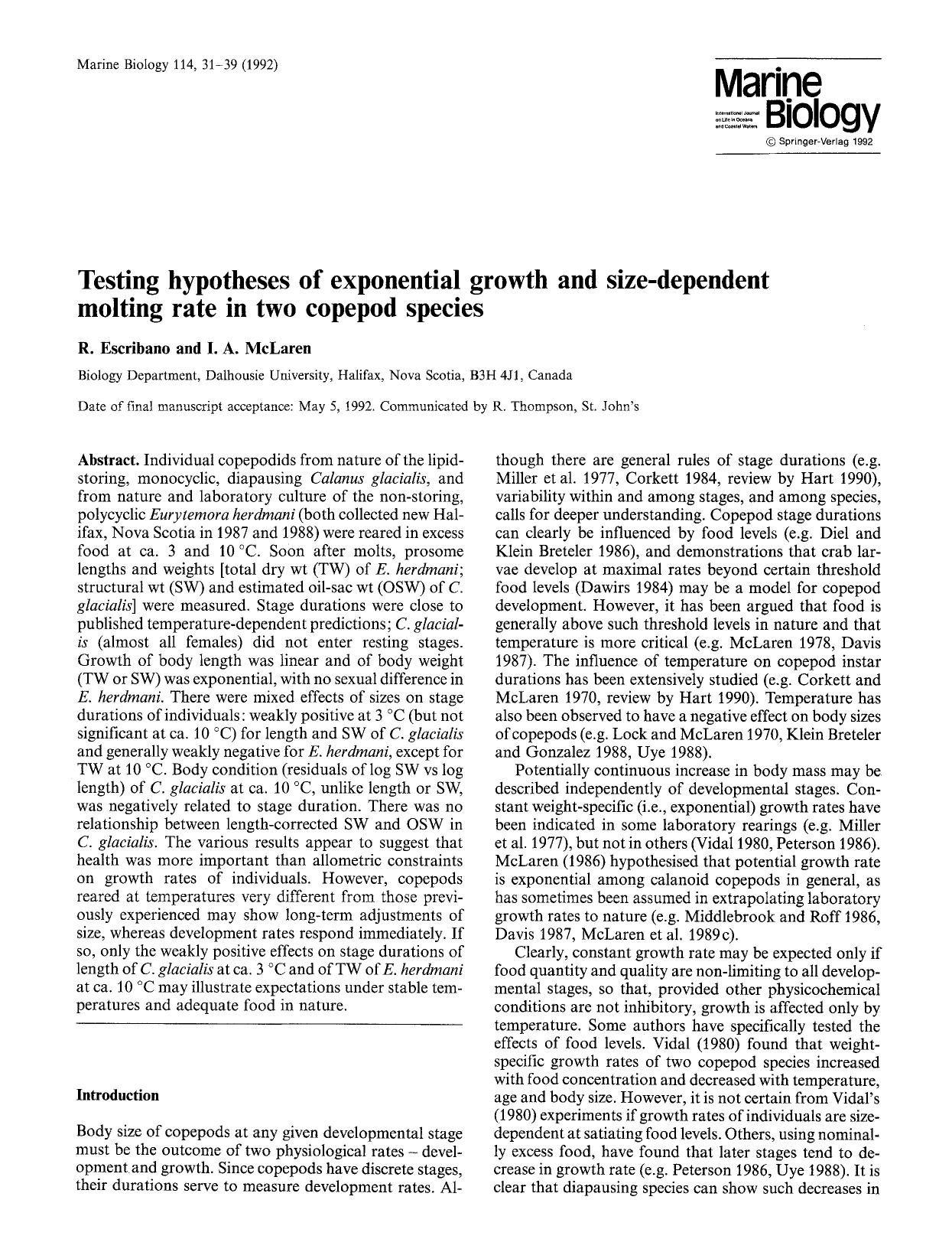 Testing hypotheses of exponential growth and size-dependent molting rate in two copepod species by Unknown