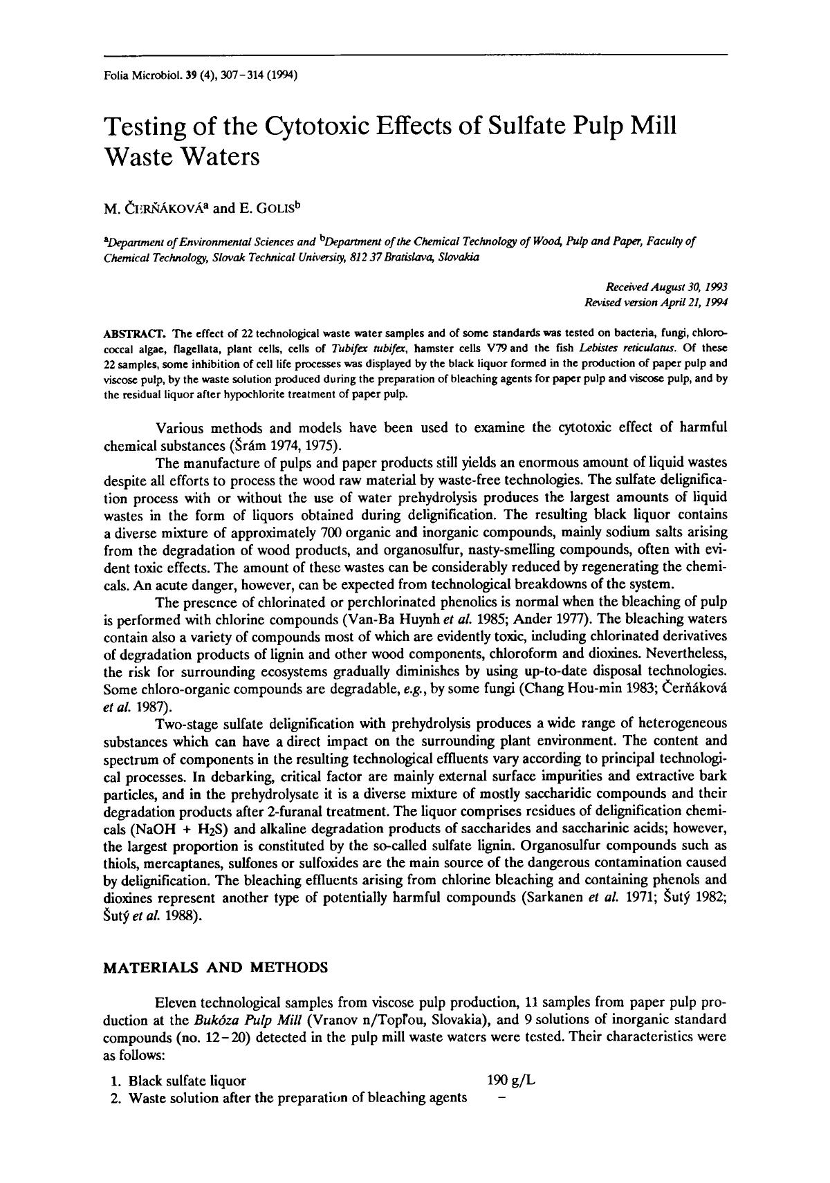 Testing of the cytotoxic effects of sulfate pulp mill waste waters by Unknown