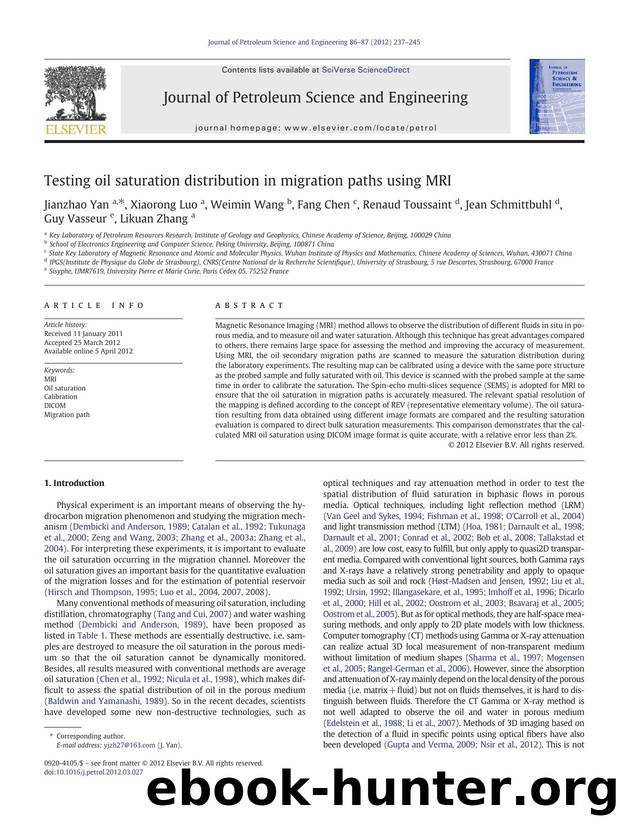 Testing oil saturation distribution in migration paths using MRI by unknow