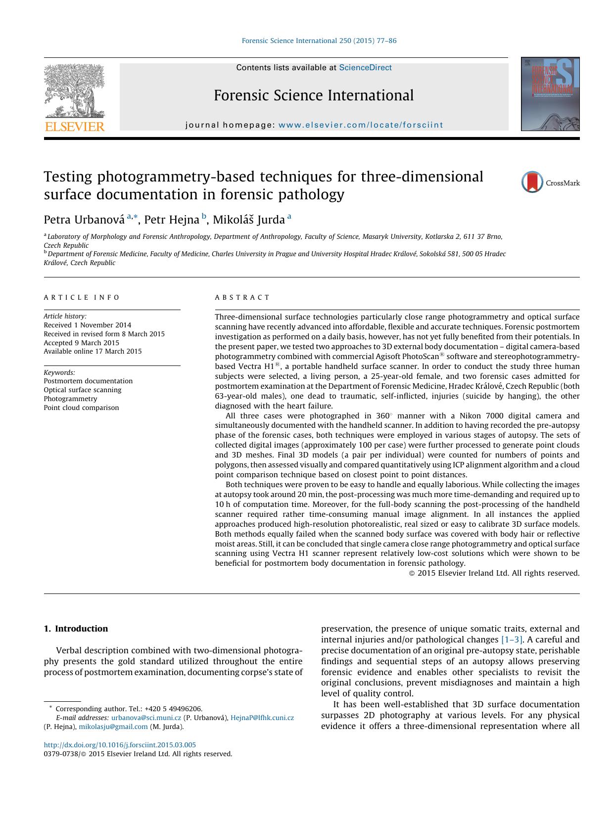 Testing photogrammetry-based techniques for three-dimensional surface documentation in forensic pathology by Petra Urbanová & Petr Hejna & Mikoláš Jurda