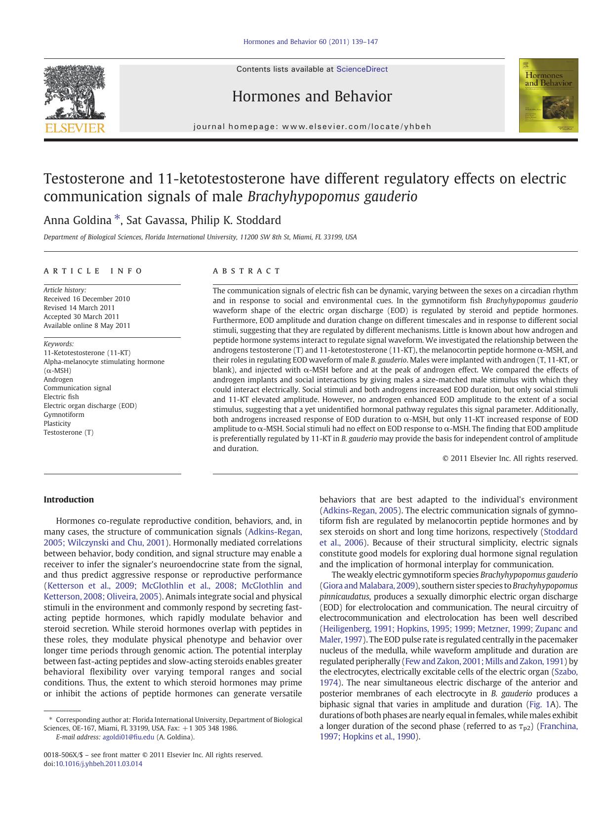Testosterone and 11-ketotestosterone have different regulatory effects on electric communication signals of male Brachyhypopomus gauderio by Anna Goldina & Sat Gavassa & Philip K. Stoddard
