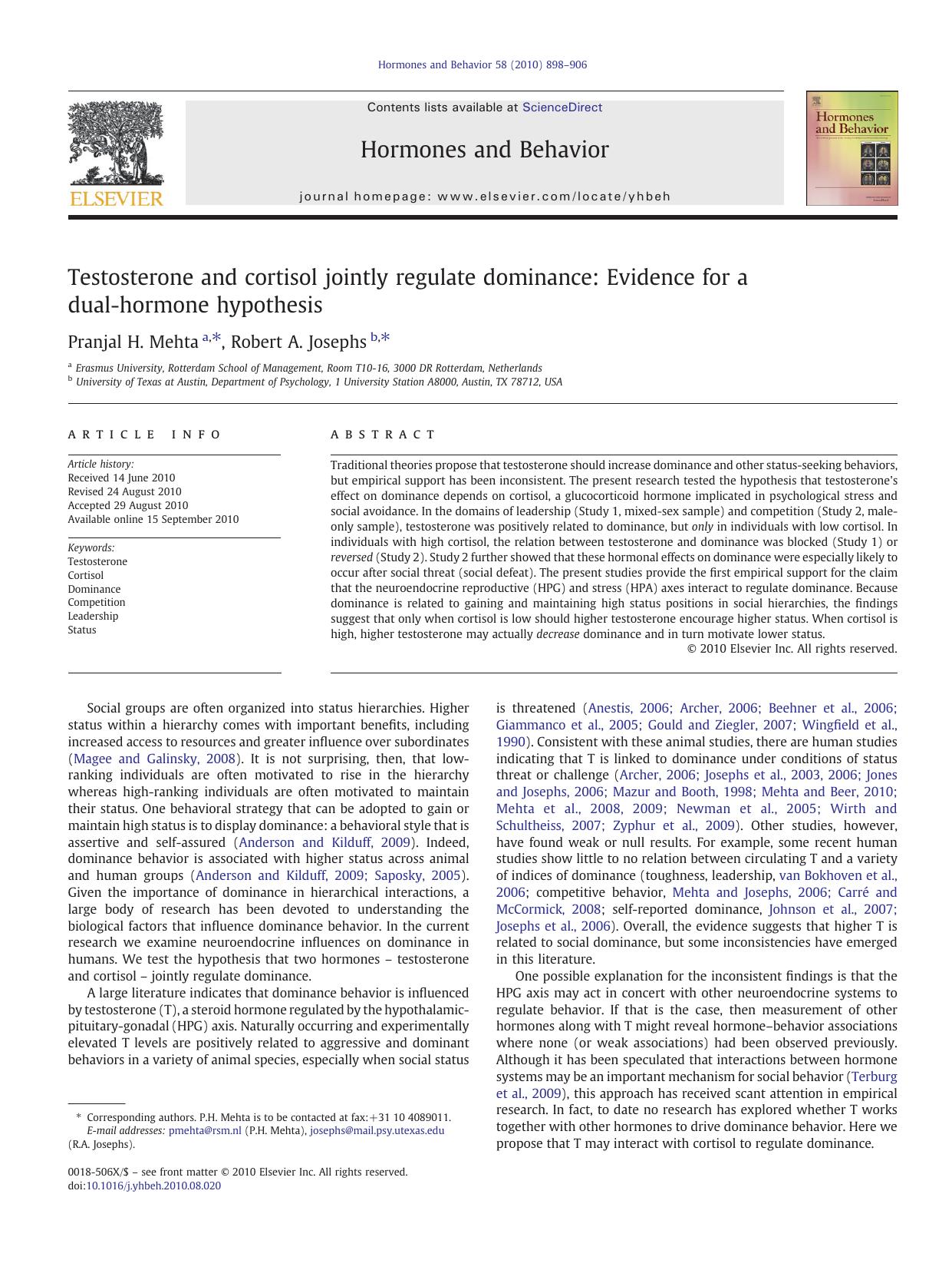 Testosterone and cortisol jointly regulate dominance: Evidence for a dual-hormone hypothesis by Pranjal H. Mehta