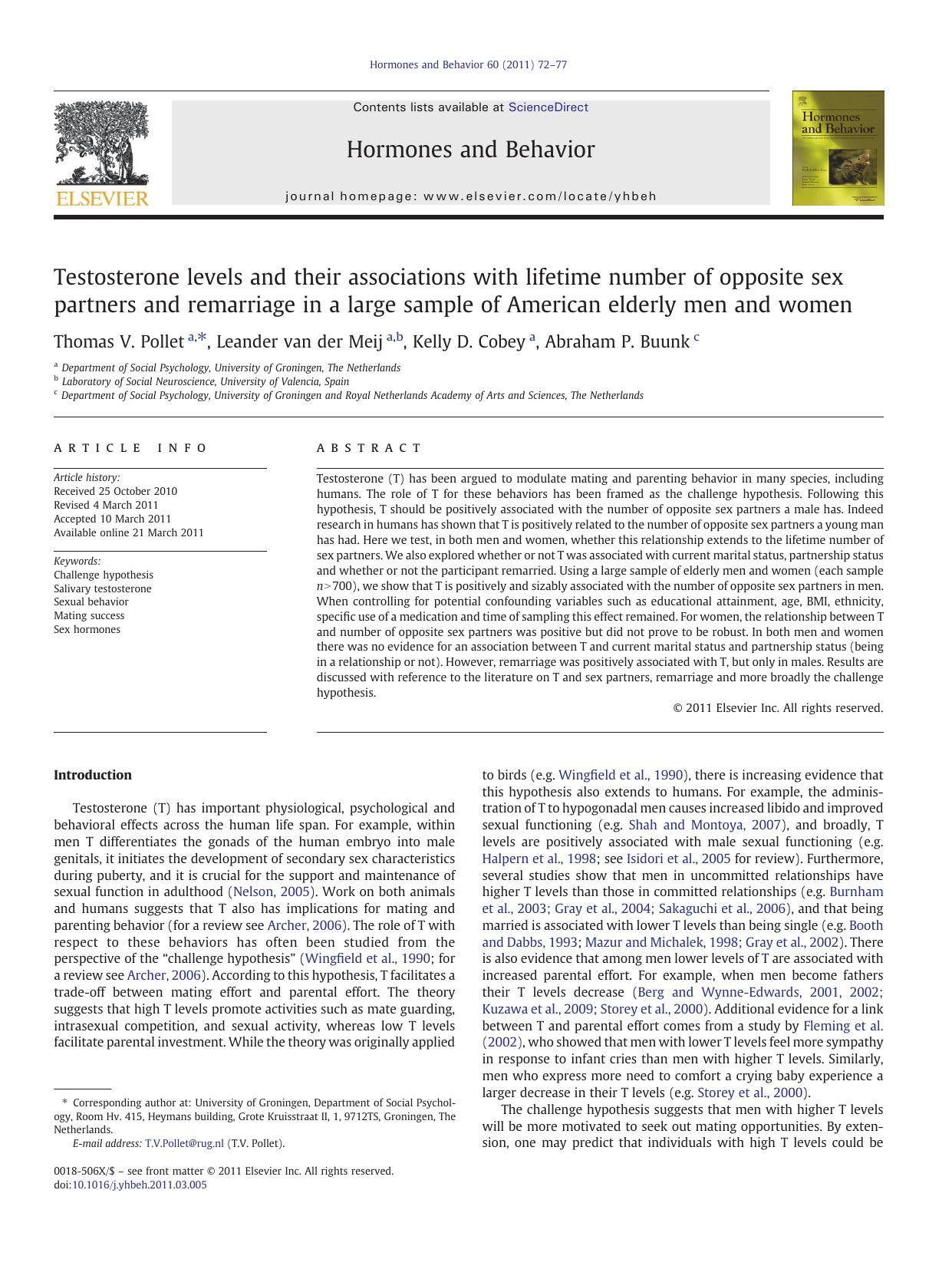 Testosterone levels and their associations with lifetime number of opposite sex partners and remarriage in a large sample of American elderly men and women by Thomas V. Pollet