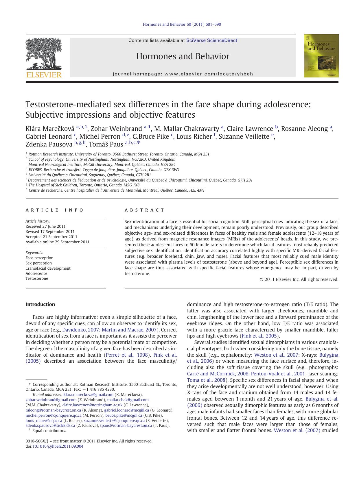 Testosterone-mediated sex differences in the face shape during adolescence: Subjective impressions and objective features by unknow
