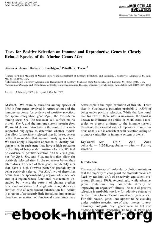 Tests for Positive Selection on Immune and Reproductive Genes in Closely Related Species of the Murine Genus Mus by Jansa SA. et al.