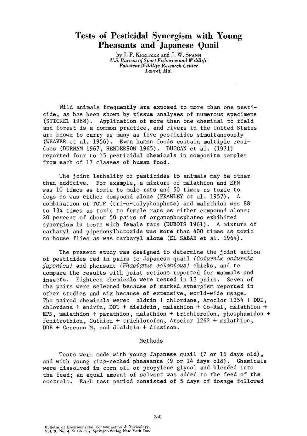 Tests of pesticidal synergism with young pheasants and Japanese quail by Unknown